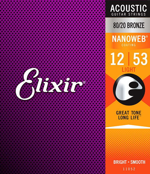 11052 NANOWEB Комплект струн для акустической гитары, Light, бронза 80/20, 12-53, Elixir