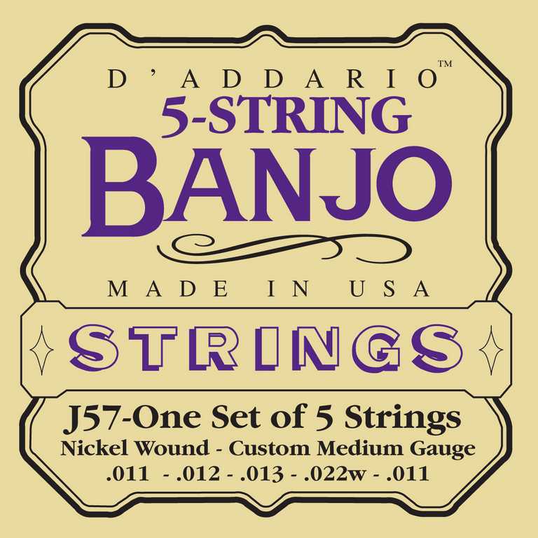 J57 Комплект струн для 5-струнного банджо, никель, Custom Medium, 11-22, D'Addario
